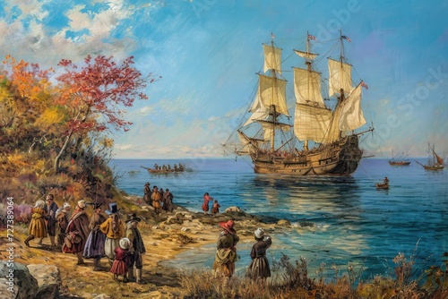 A Painting of a Ship Sailing on the Water, A tableau of the Mayflower ship arriving with Pilgrims for the first Thanksgiving, AI Generated