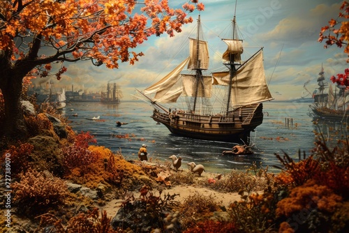 A Painting of a Boat in the Water, A tableau of the Mayflower ship arriving with Pilgrims for the first Thanksgiving, AI Generated