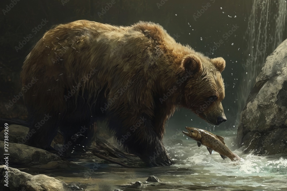 In this painting, a bear and a fish can be seen in a stream, depicting a natural interaction between predator and prey, A stoic bear catching fish in a stream, AI Generated In this painting, a bear and a fish can be seen in a stream, depicting a natural interaction between predator and prey, A stoic bear catching fish in a stream, AI Generated