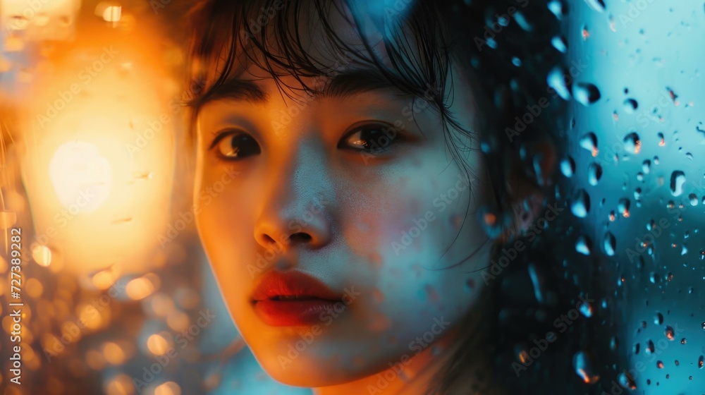 A woman looking out the window with raindrops on her face. Generative AI. A woman looking out the window with raindrops on her face. Generative AI.