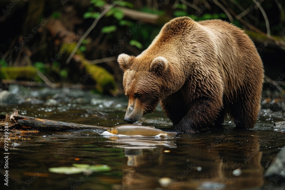 Obraz premium A large brown bear stands in a river, displaying its impressive size and strength, A stoic bear catching fish in a stream, AI Generated