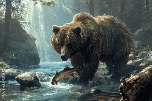 A bear standing in a stream with two fish nearby, A stoic bear catching fish in a stream, AI Generated