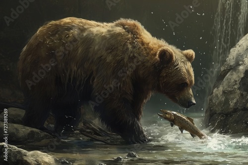 In this painting, a bear and a fish can be seen in a stream, depicting a natural interaction between predator and prey, A stoic bear catching fish in a stream, AI Generated © Ifti Digital