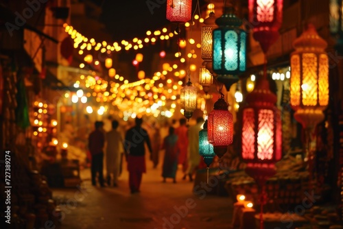 A group of people walks down a brightly lit street adorned with twinkling lights, A street filled with lanterns during the festival of Diwali, AI Generated © Ifti Digital