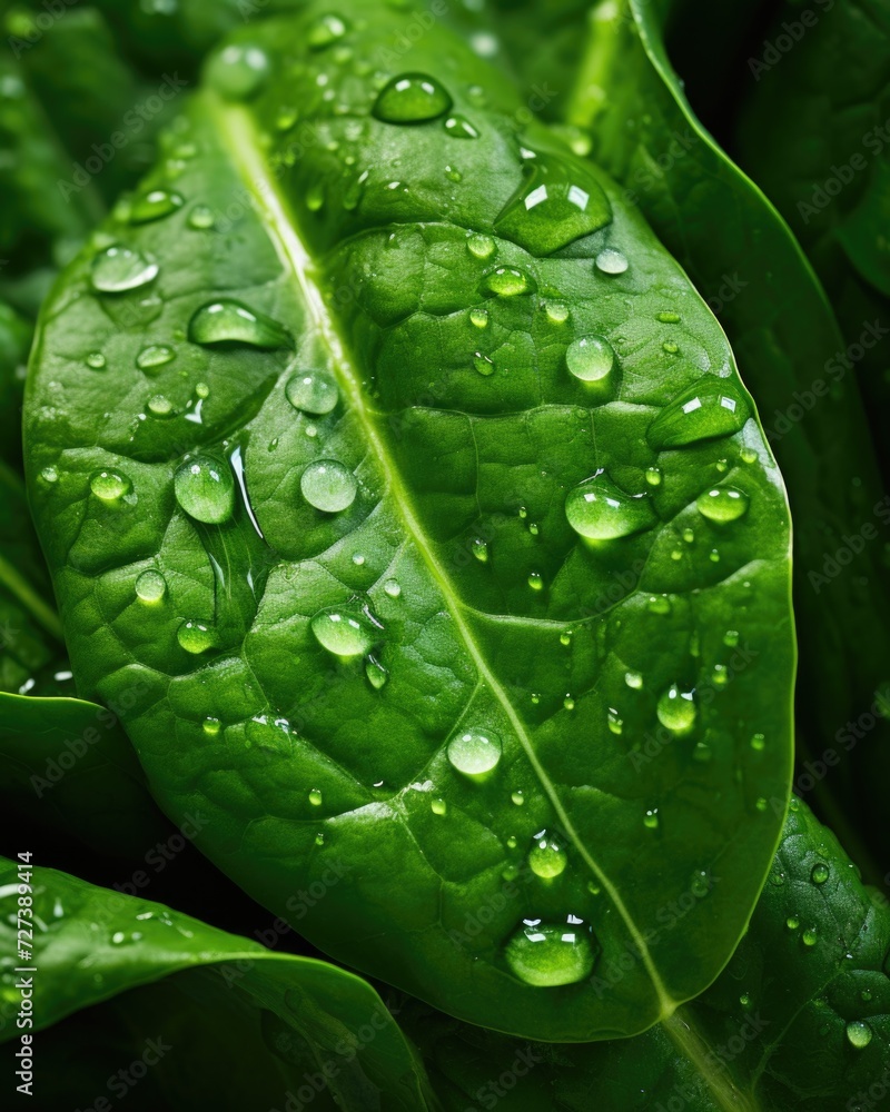 A close up of a green leaf with water droplets. Generative AI. A close up of a green leaf with water droplets. Generative AI.