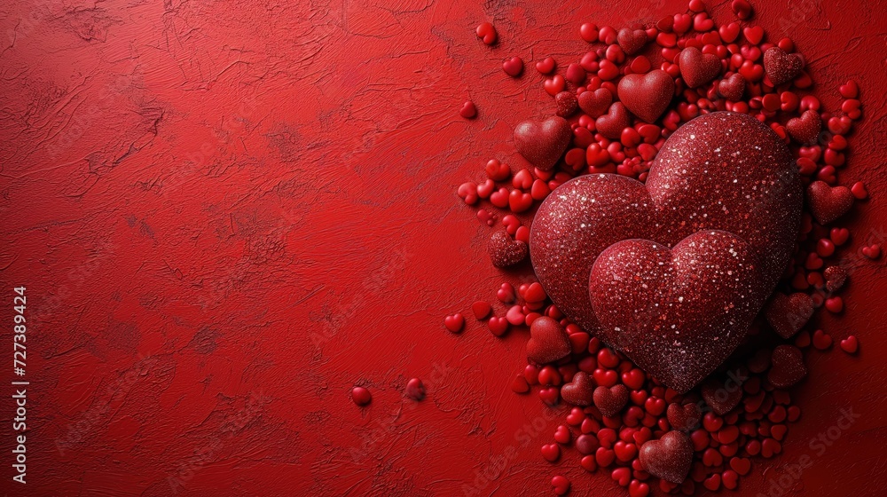 Two Hearts Surrounded by Small Red Hearts on Red Background