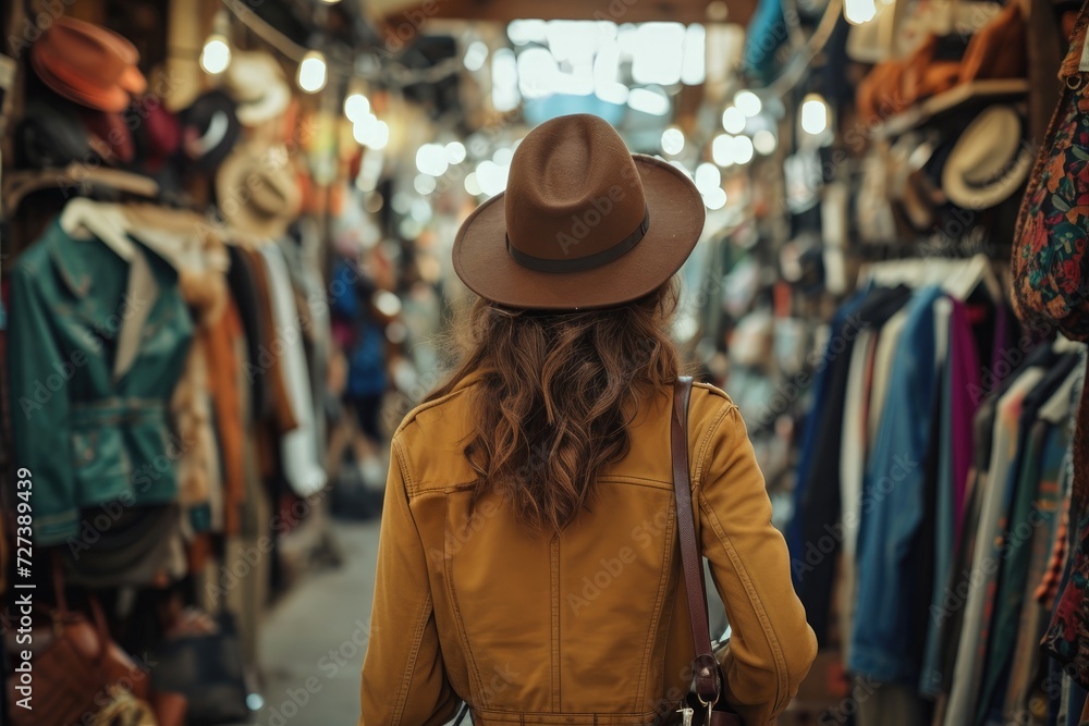 A woman in a hat walks through a bustling market filled with vendors and shoppers, A stylish woman shopping in a vintage market, AI Generated