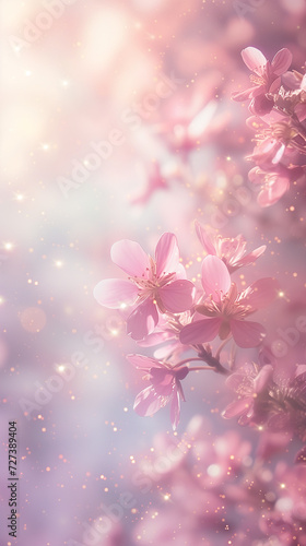 Delicate Cherry Blossoms with Sparkling Glitter on a Soft Pink Background - Romantic Floral Wallpaper Design
