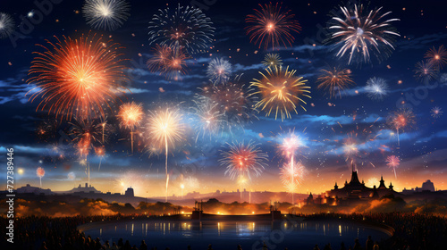 A scene of vibrant fireworks illuminating the night