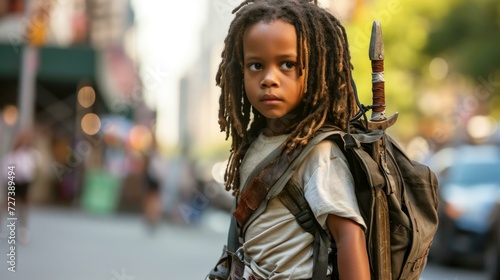 A young boy with dreadlocks and a backpack. Generative AI.