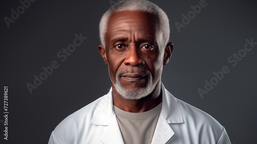 Professional doctor in a white uniform on a gray background. Gray-haired African-American man in a medical gown. Portrait of a senior and experienced doctor. Health and medical care concept