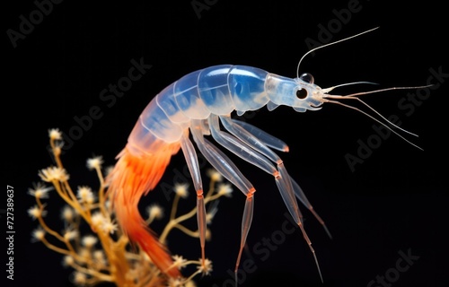 A shrimp with orange and blue stripes on its back. Generative AI.