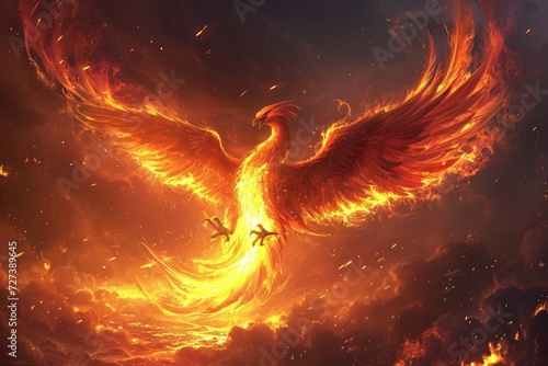 A large bird gracefully flies through a cloudy sky, displaying its impressive wingspan, A surreal depiction of a majestic phoenix rising from the ashes, AI Generated