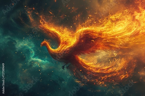 A vibrant fire bird soars through the sky  displaying its awe-inspiring prowess in flight  A surreal depiction of a majestic phoenix rising from the ashes  AI Generated