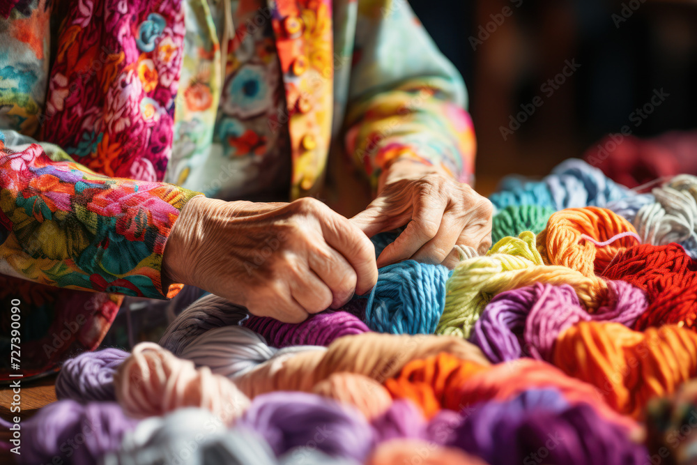 A vibrant knitting circle comes to life, needles clicking rhythmically as a diverse group of seniors creates beautiful textiles, symbolizing the warmth and connection found. Generative Ai.