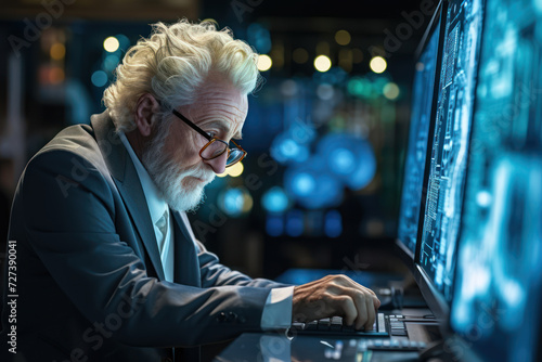 A silver-maned gentleman sits at a computer, engrossed in a coding tutorial, showcasing the modern pursuit of learning new technological skills in retirement. Generative Ai.