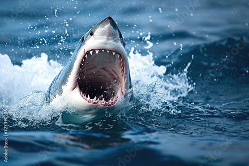 A powerful shark with its jaws wide open in the water  displaying its formidable teeth  A terrifying shark hunting in the deep blue sea  AI Generated