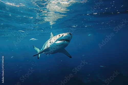 A powerful and sleek great white shark glides through the clear blue ocean waters  A terrifying shark hunting in the deep blue sea  AI Generated