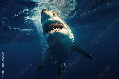 A powerful and awe-inspiring shot of a great white shark gracefully swimming through the ocean waters, A terrifying shark hunting in the deep blue sea, AI Generated