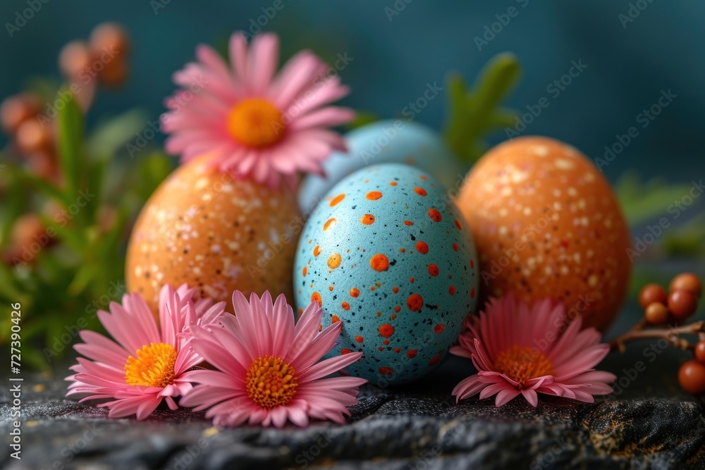 Fototapeta premium Brightly colored Easter eggs adorned with flowers