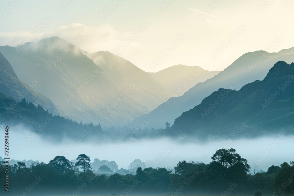 A foggy valley stretches into the distance, framed by towering mountains in the background, A tranquil summer morning with a misty mountain range bathed in soft light, AI Generated