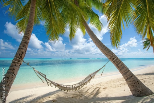 Hammock Between Two Palm Trees on a Beach, A tranquil scene of a hammock tied between two coconut trees on a pristine beach, AI Generated © Ifti Digital
