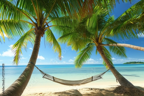 A hammock suspended between two tall palm trees on a sandy beach, overlooking the tranquil ocean, A tranquil scene of a hammock tied between two coconut trees on a pristine beach, AI Generated