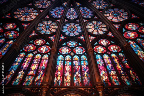 A stained glass window bathes a cathedral interior in a kaleidoscope of vibrant hues, telling stories through radiant patterns and biblical scenes. Generative Ai.