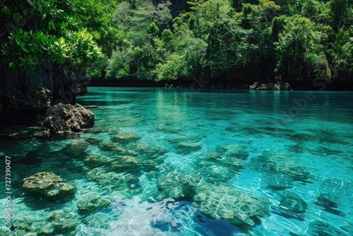 A serene body of water nestled among a lush forest  with towering trees and rugged rocks  A tranquil tropical lagoon with clear  turquoise water  AI Generated