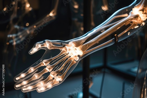 A skeletal hand  adorned with bright lights  hangs suspended from the ceiling  casting an eerie glow  A transparent and illuminated human body showing an advanced prosthesis  AI Generated