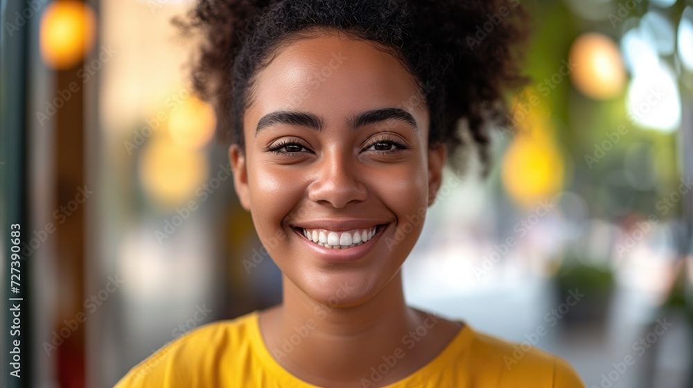 Beautiful close up face of cheerful latino girly young woman with perfect skin and healthy toothy smile looking at camera Beautiful close up face of cheerful latino girly young woman with perfect skin and healthy toothy smile looking at camera