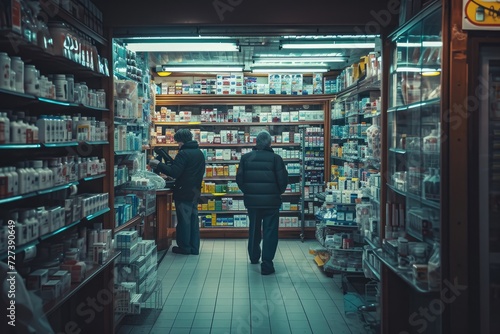 A photo of two individuals standing in a store, browsing the shelves and examining the merchandise, A typical day at a pharmacy, AI Generated