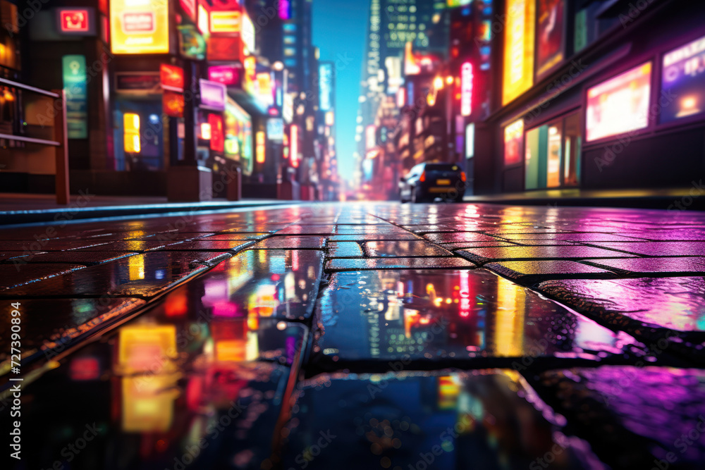 Neon signs flicker and reflect off rain-soaked pavement, transforming a city street into a vibrant and dynamic kaleidoscope of colors. Concept of urban nightlife. Generative Ai.