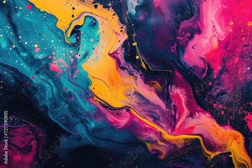 This photo captures an abstract painting filled with a variety of shapes and colors, creating a dynamic composition, A vibrant abstract background with splashes of bold colors, AI Generated