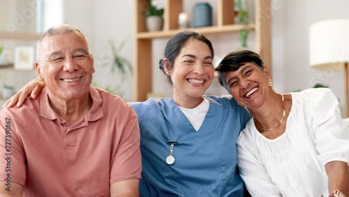 Happy, senior and couple hug with nurse on sofa for healthcare, support or trust together at home. Face of elderly man, woman and caregiver smile for embrace, care or nursing in living room at house photo