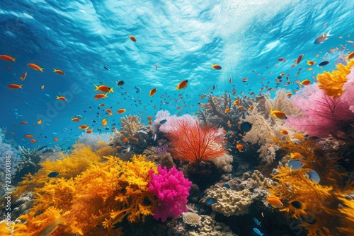Underwater View of Colorful Corals and Fish, A vibrant coral reef teeming with marine life under crystal clear waters, AI Generated © Ifti Digital