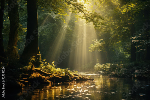 A photographer captures the ethereal beauty of a light beam piercing through dense forest foliage  highlighting the enchanting allure of dappled sunlight. Generative Ai.