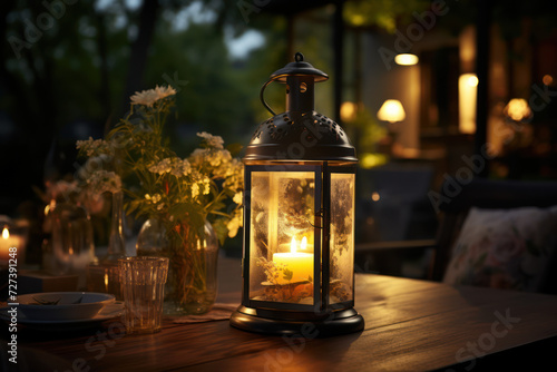 A lantern-lit garden party unfolds, infusing an outdoor space with a warm and convivial atmosphere, fostering connections and shared moments. Concept of illuminated social gatherings. Generative Ai.