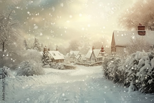 A snow-covered village nestled in a winter landscape, with houses, trees, and a snowy pathway visible, A vintage Christmas card scene with a snowy village, AI Generated