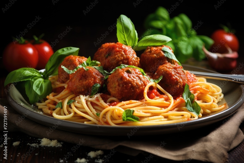 A delicious plate of spaghetti topped with savory meatballs and sprinkled with fresh basil leaves, Spaghetti with tomato sauce and meatballs, AI Generated A delicious plate of spaghetti topped with savory meatballs and sprinkled with fresh basil leaves, Spaghetti with tomato sauce and meatballs, AI Generated