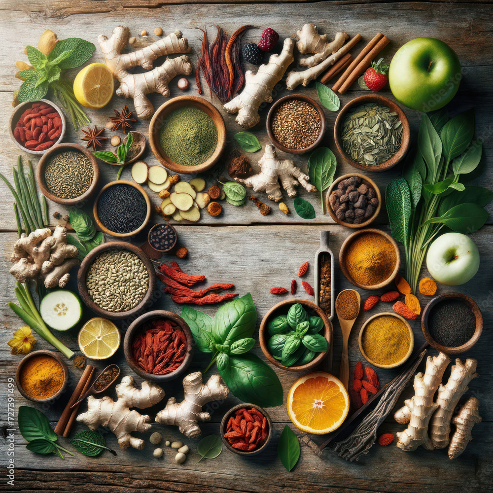 Top view of food herbs spices and fruit used in herbal medicine,health care concept Top view of food herbs spices and fruit used in herbal medicine,health care concept
