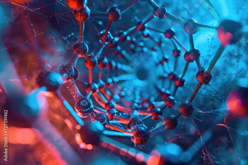 This close-up photograph captures the vivid colors and details of a blue and red object, showcasing its unique characteristics, A vivid depiction of carbon nanotubes, atom by atom, AI Generated