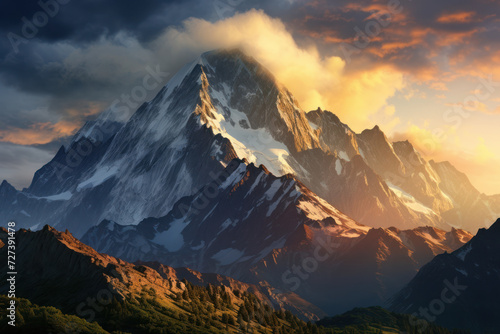 The first rays of dawn illuminate a majestic mountain range  creating a breathtaking panorama that instills a sense of reverence for the natural world.  Generative Ai.