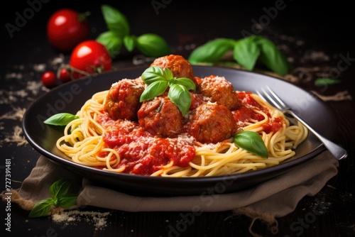 A scrumptious plate of spaghetti topped with homemade meatballs and flavorful tomato sauce, Spaghetti with tomato sauce and meatballs, AI Generated