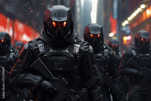 Group of People Wearing Helmets and Holding Guns for Protection, Stealth Guardians, Elite troops equipped with high-tech face masks and advanced stealth gear, AI Generated