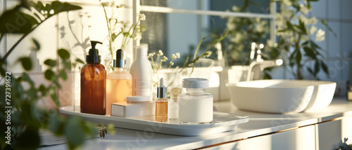 Chic bathroom elegance, a curated selection of beauty products bathed in natural light