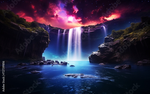 Starry Cascade: Fantasy Waterfall and Lake with Milky Way Magic