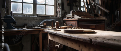 Sunlight streams through a window into a carpenter's workshop, casting a warm glow over the well-worn workbench and tools