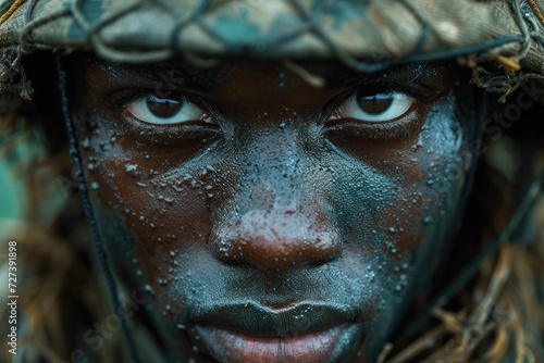 A close-up of a soldier's determined face, adorned with camouflage paint.