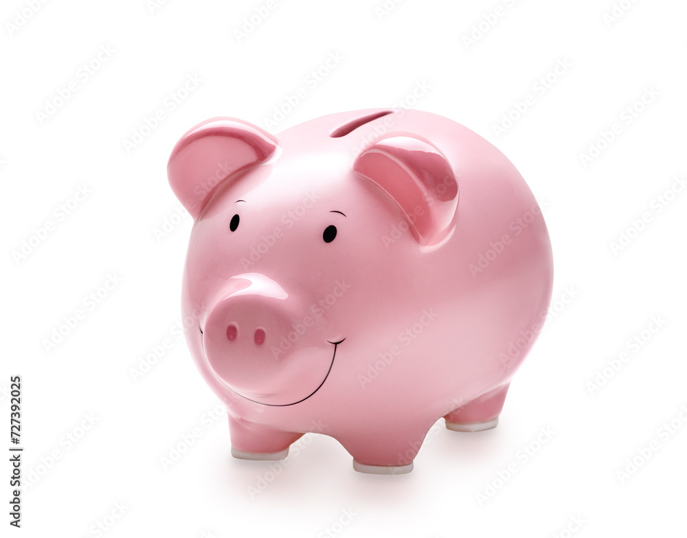 Pink pig money box. Coins and cash savings. Piggy bank isolated on white.